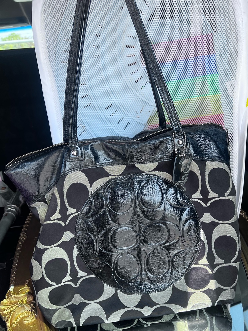 Y2K Coach Black and Laura tote Signature Canvas Tote with Leather Trim - Picture 2 of 12